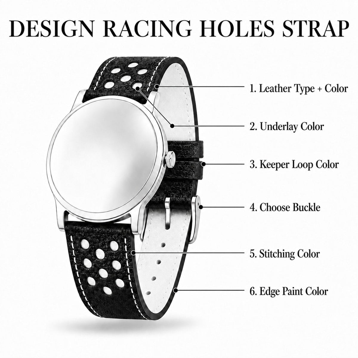 Custom Racing Holes Rally Leather Watch Strap - Contrast Color Underlay