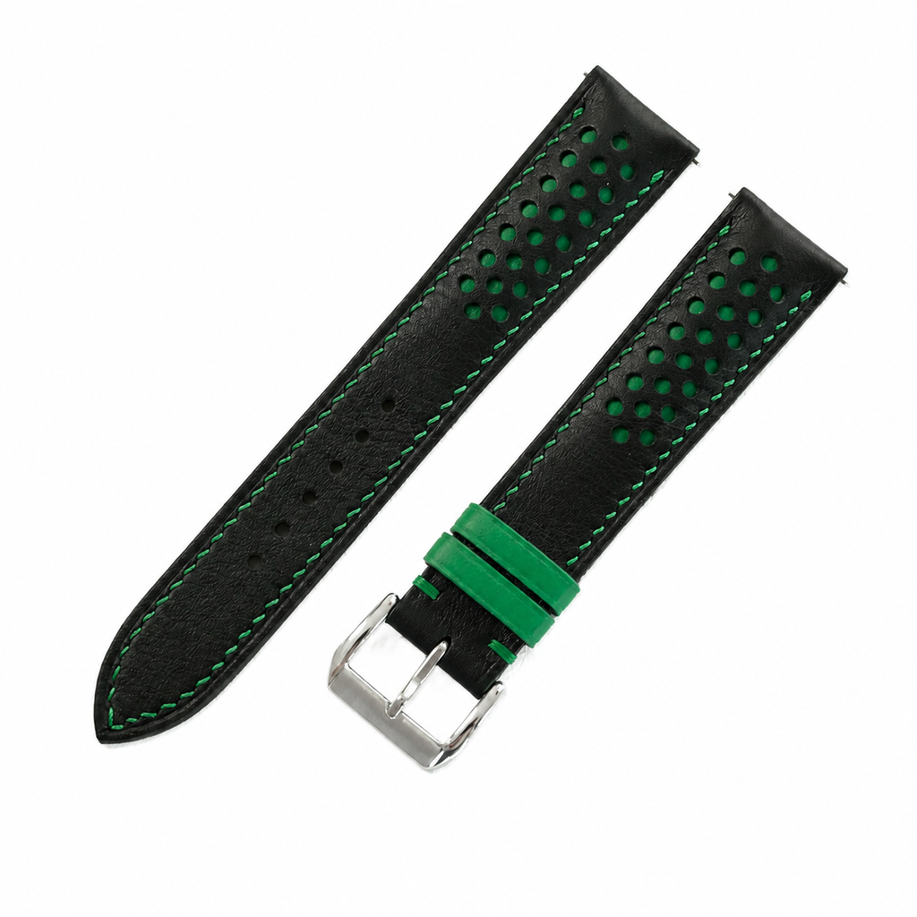 Black and Green Racing Holes Rally Swift Leather Watch Strap