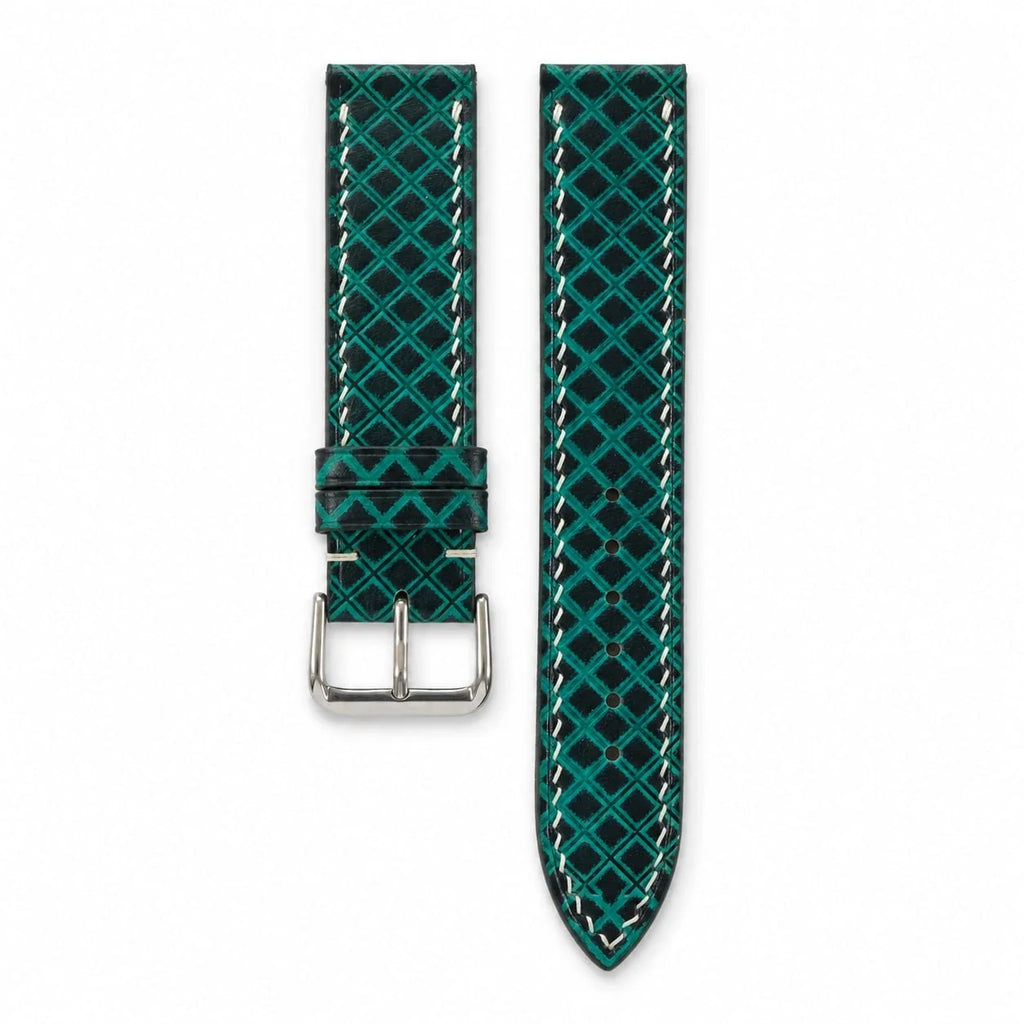 Hand-Tooled Emerald Green Lattice Vegetable Tanned Leather Watch Strap