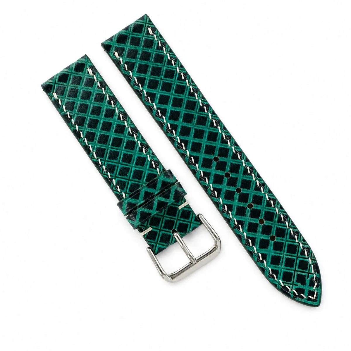 Hand-Tooled Emerald Green Lattice Vegetable Tanned Leather Watch Strap