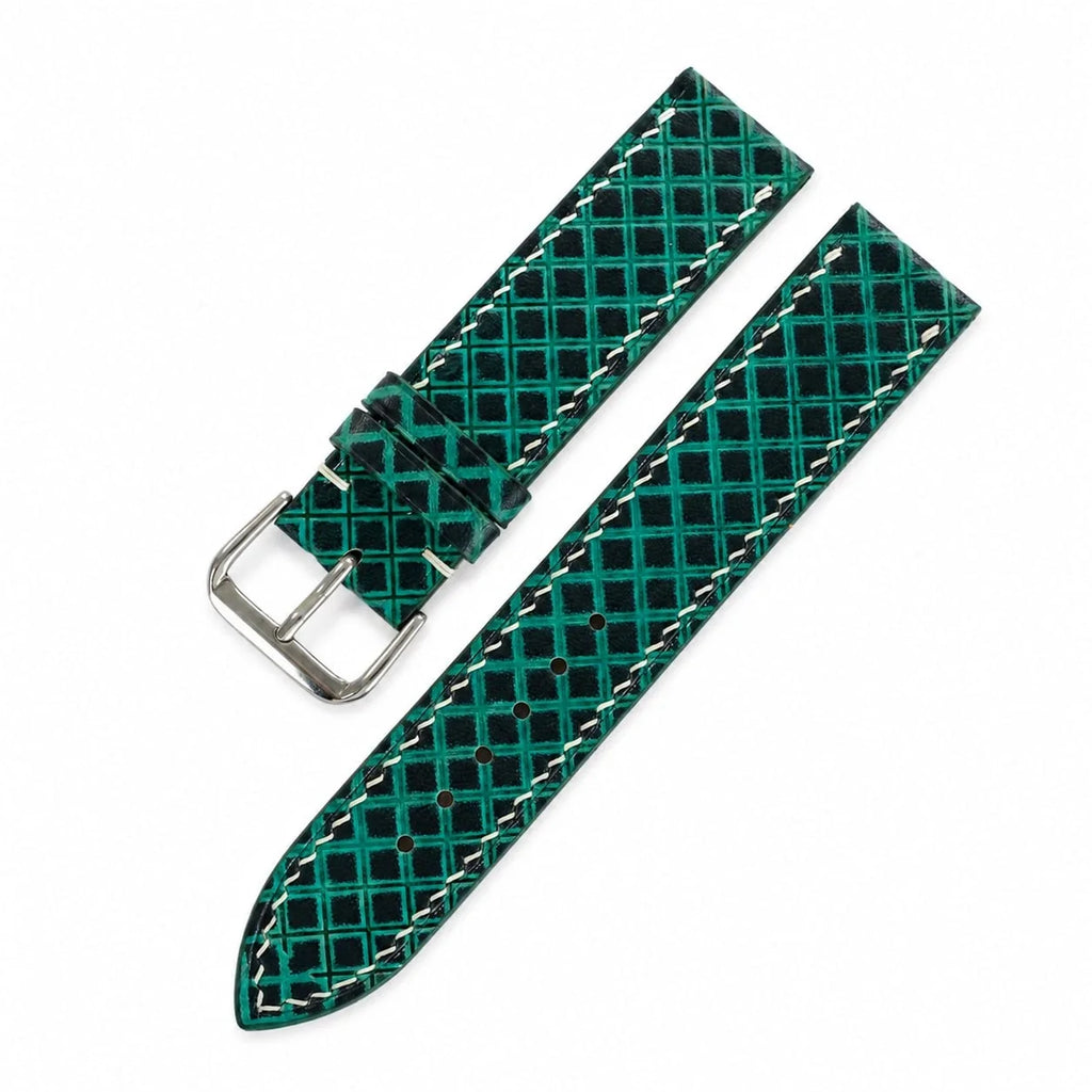 Hand-Tooled Emerald Green Lattice Vegetable Tanned Leather Watch Strap