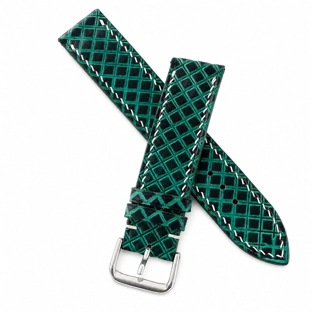 Hand-Tooled Emerald Green Lattice Vegetable Tanned Leather Watch Strap