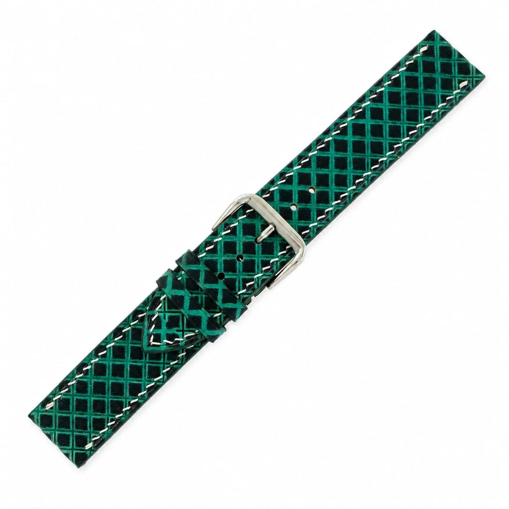 Hand-Tooled Emerald Green Lattice Vegetable Tanned Leather Watch Strap