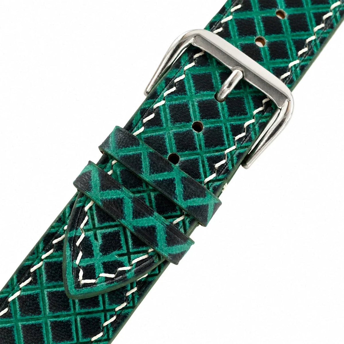 Hand-Tooled Emerald Green Lattice Vegetable Tanned Leather Watch Strap
