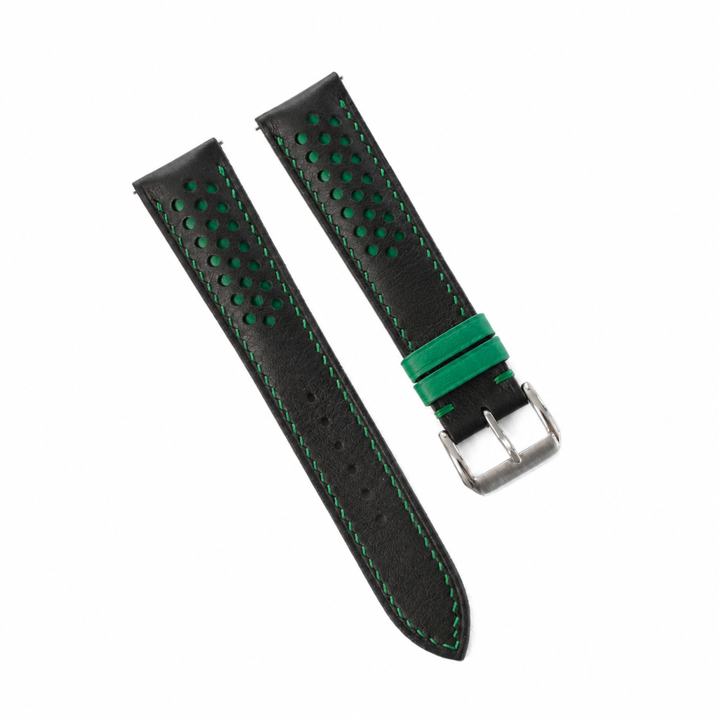 Black and Green Racing Holes Rally Swift Leather Watch Strap