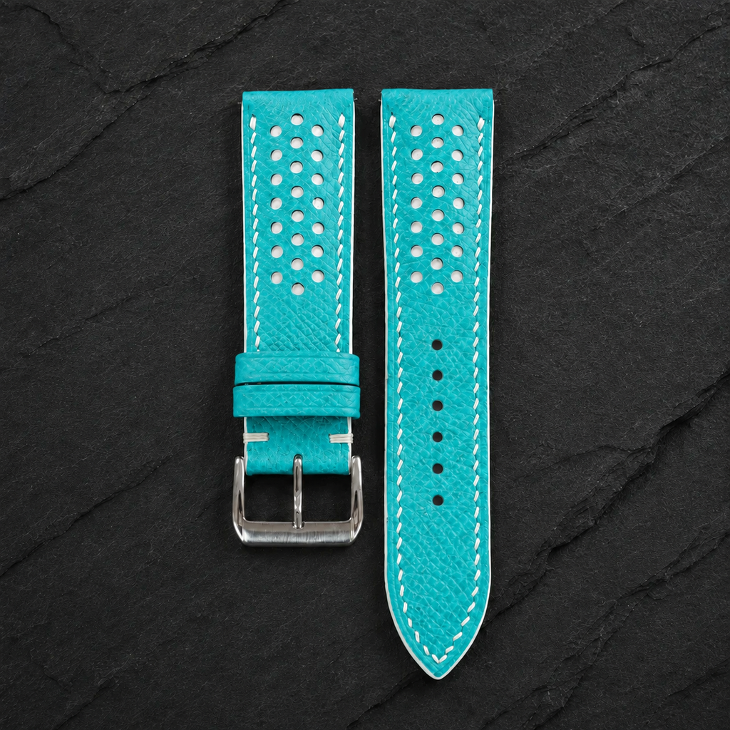 Turquoise and White Racing Small Holes Rally Epsom Leather Watch Strap