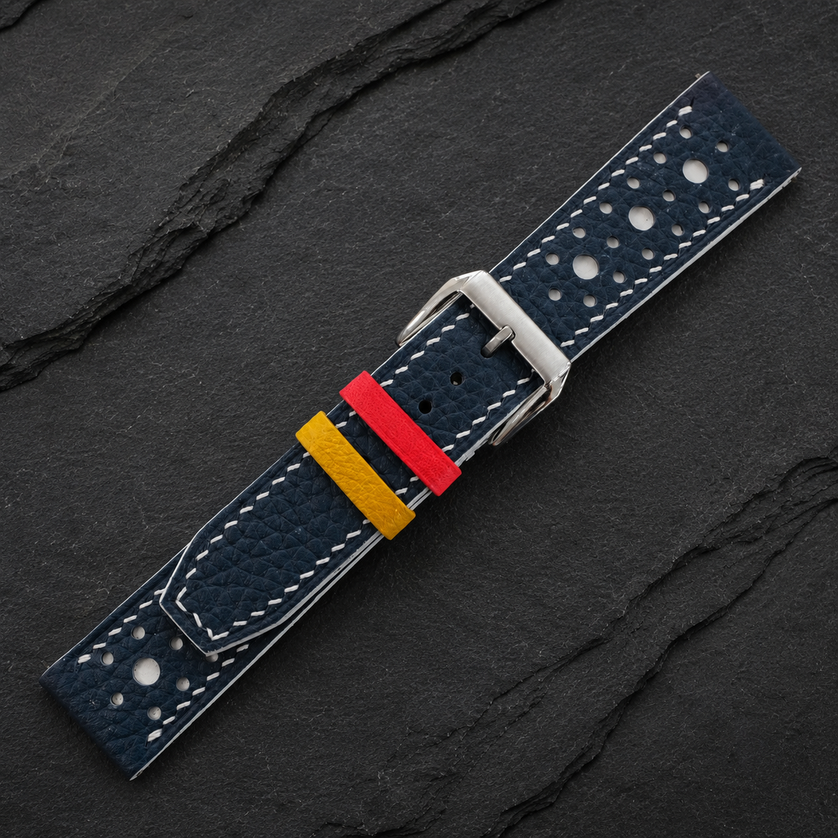 Navy and White Racing Large Holes Rally Togo Leather Watch Strap