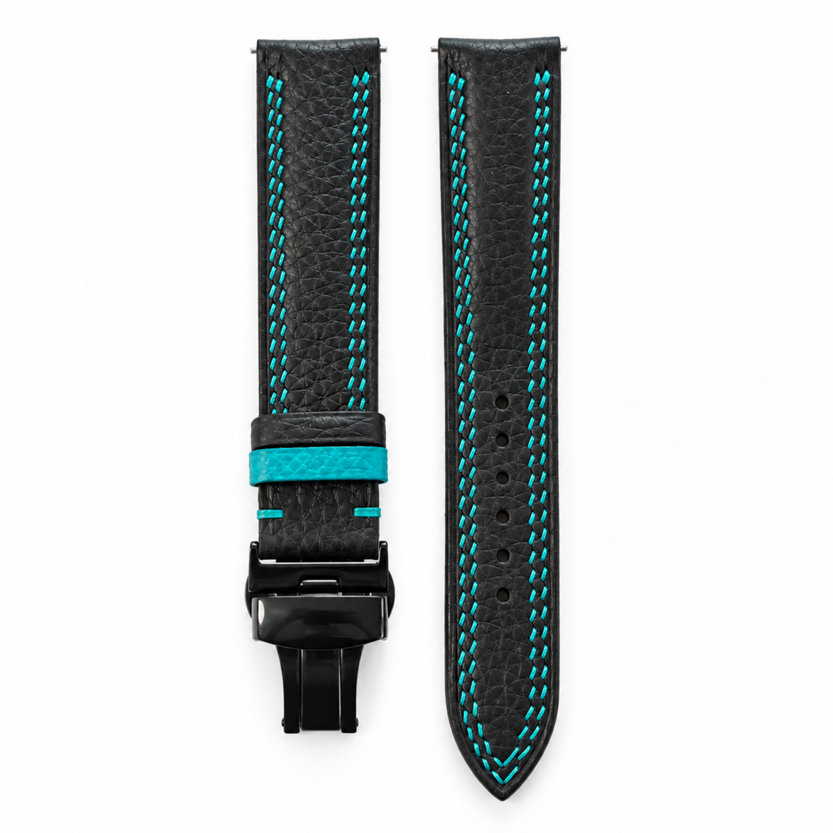 Black Togo Turquoise Double Stitch Leather Watch Strap