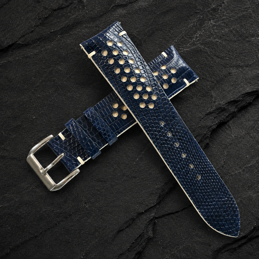 Navy and Cream Racing Holes Rally Lizard Leather Watch Strap