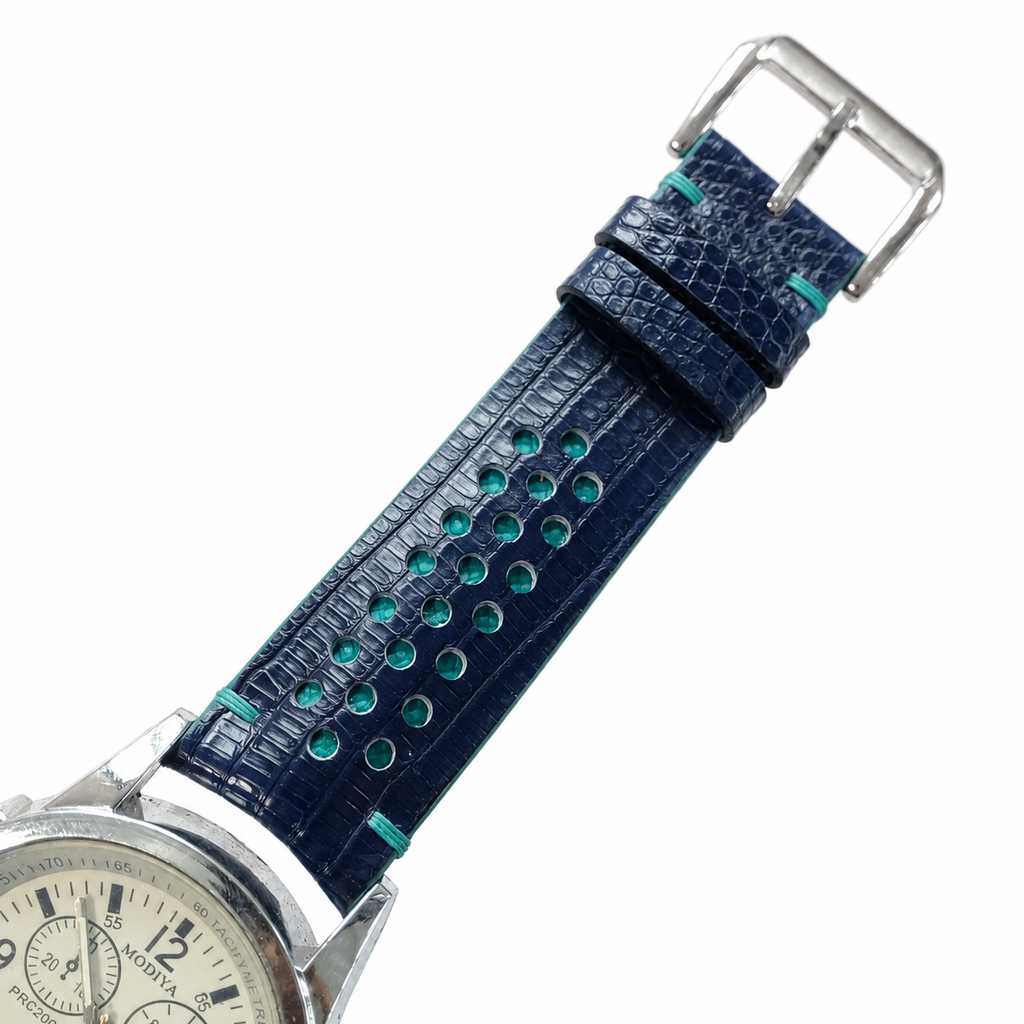 Navy and Turquoise Racing Holes Rally Lizard Leather Watch Strap