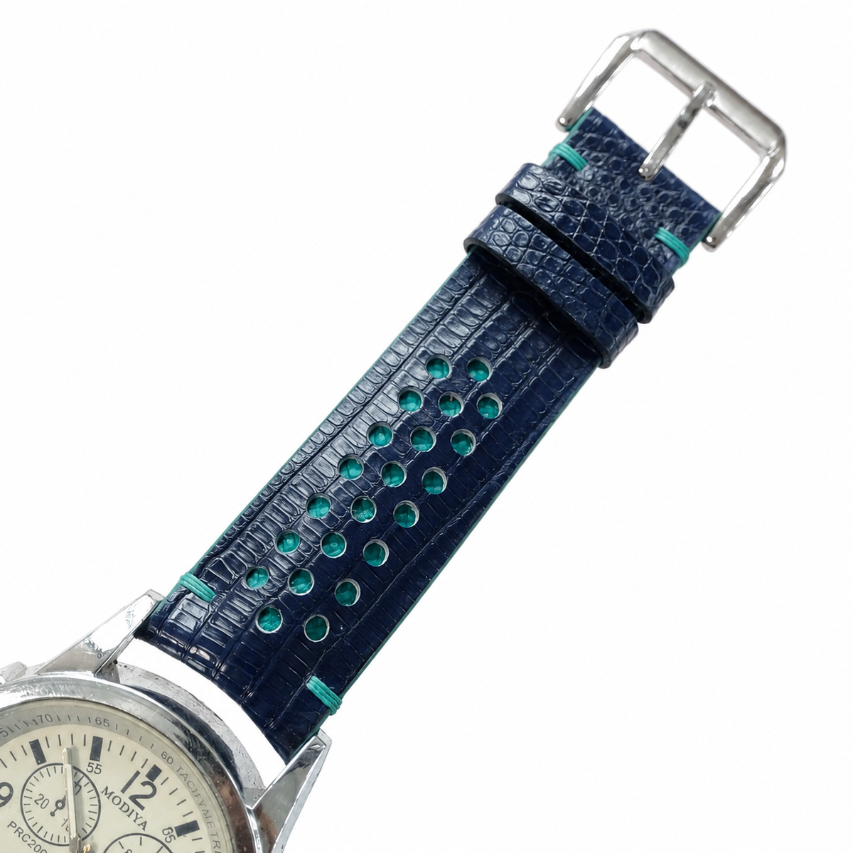 Navy and Turquoise Racing Holes Rally Lizard Leather Watch Strap