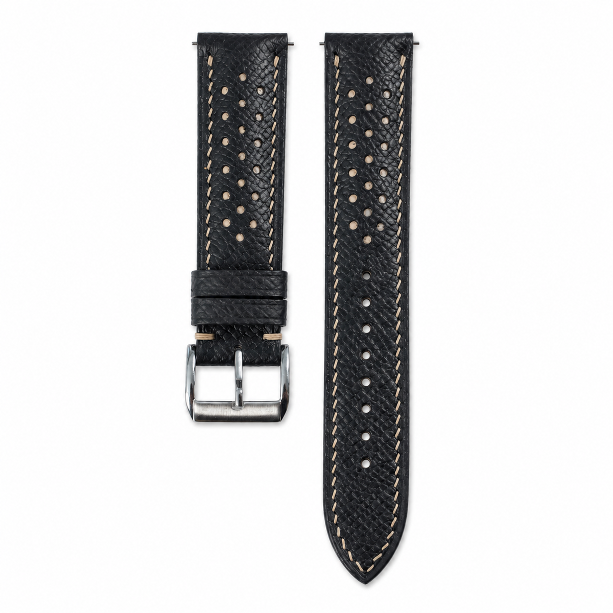 Flat Black Beige Racing Holes Rally Epsom Leather Watch Strap