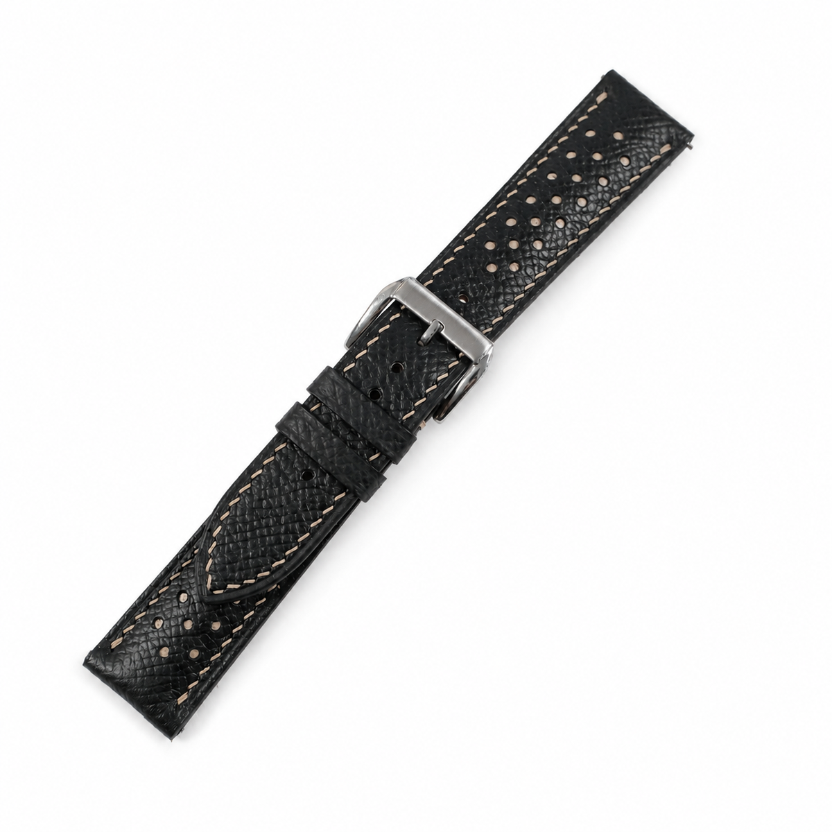Flat Black Beige Racing Holes Rally Epsom Leather Watch Strap