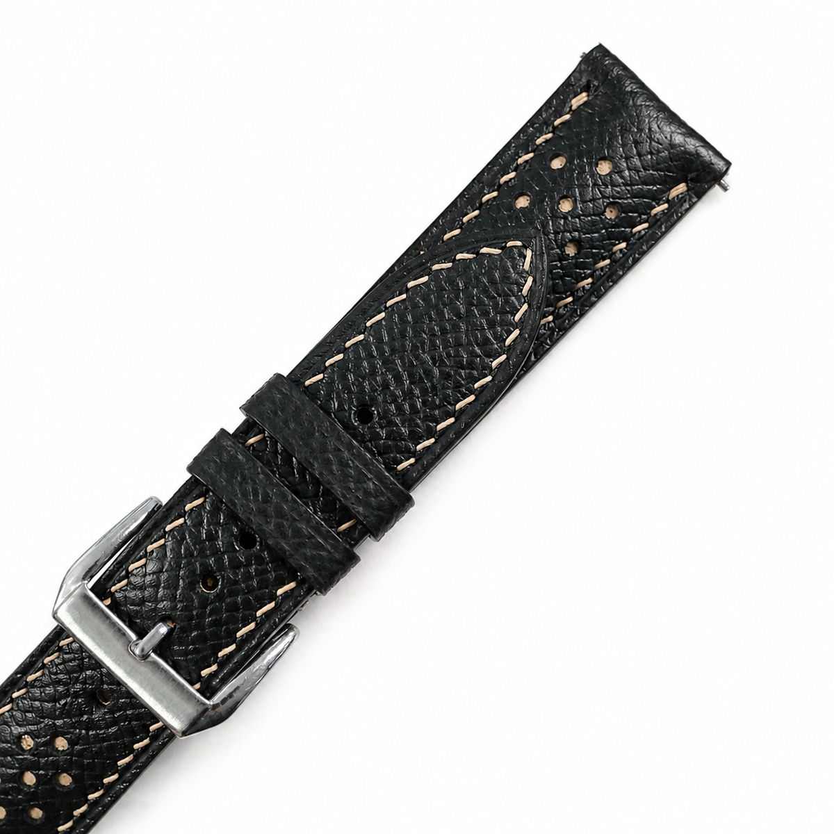 Flat Black Beige Racing Holes Rally Epsom Leather Watch Strap