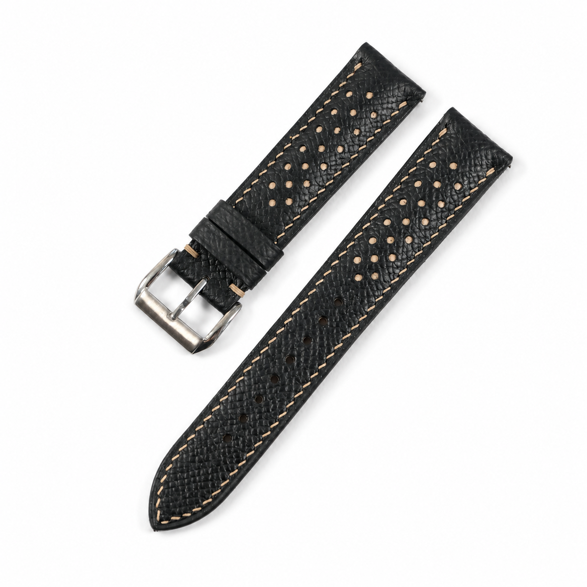 Flat Black Beige Racing Holes Rally Epsom Leather Watch Strap