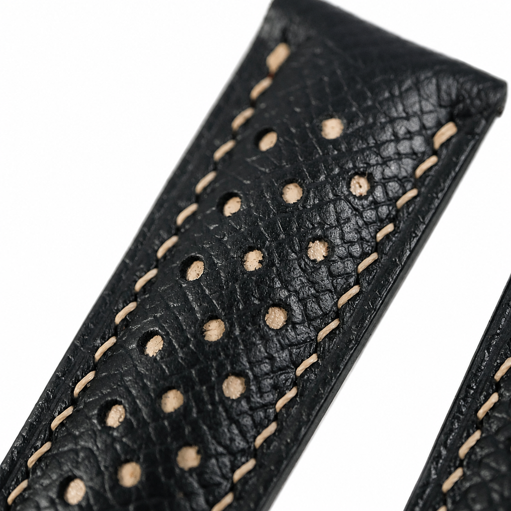 Flat Black Beige Racing Holes Rally Epsom Leather Watch Strap