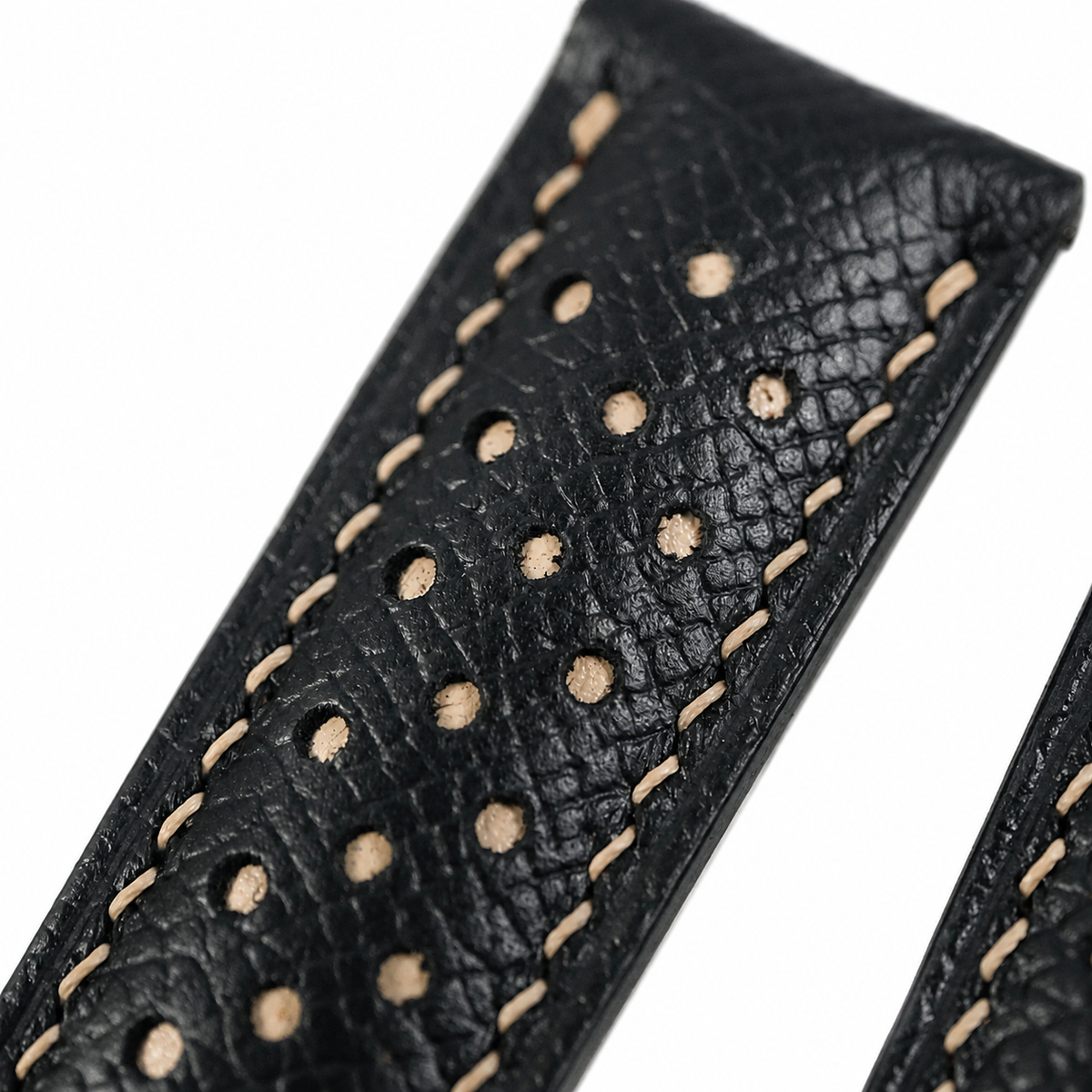 Flat Black Beige Racing Holes Rally Epsom Leather Watch Strap