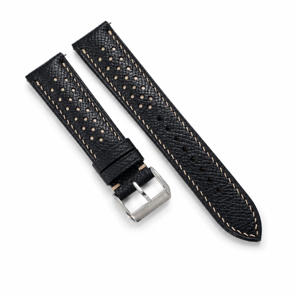 Flat Black Beige Racing Holes Rally Epsom Leather Watch Strap