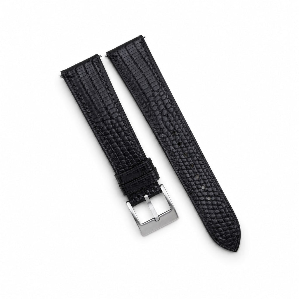 Flat Black Lizard Leather Watch Strap - Black Stitch