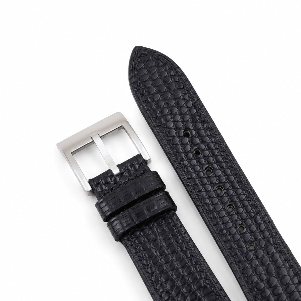 Flat Black Lizard Leather Watch Strap - Black Stitch