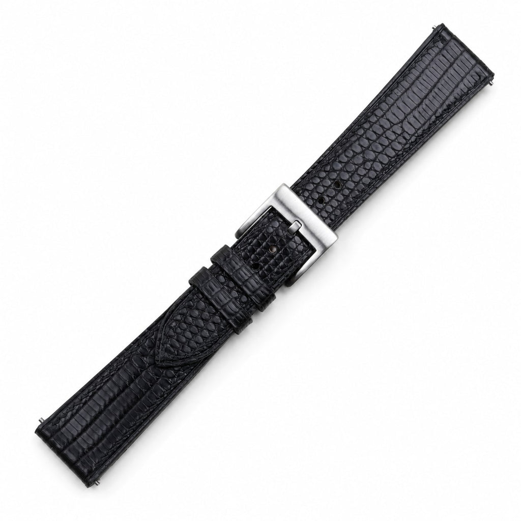 Flat Black Lizard Leather Watch Strap - Black Stitch