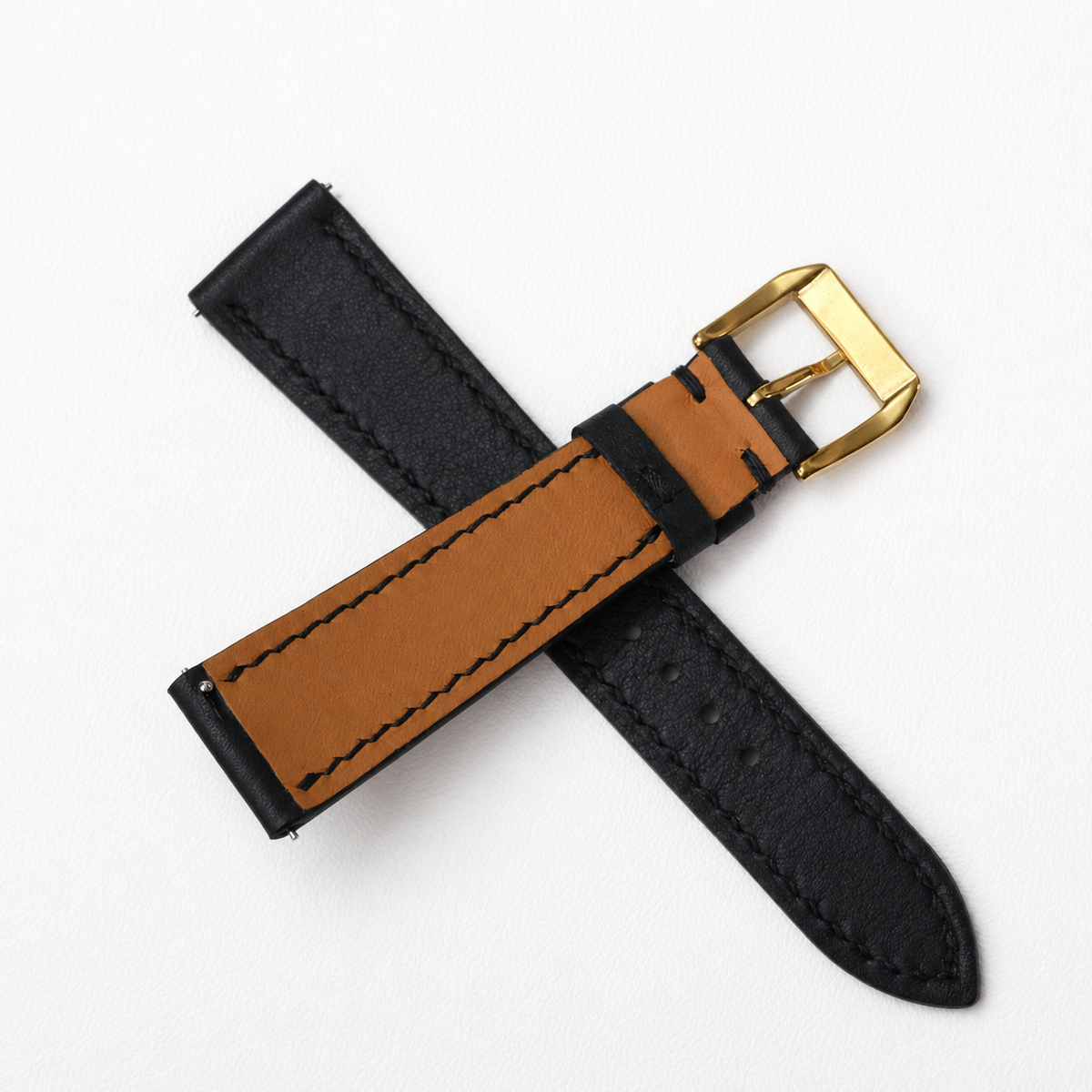 Flat Black Swift Leather Watch Strap - Black Stitch