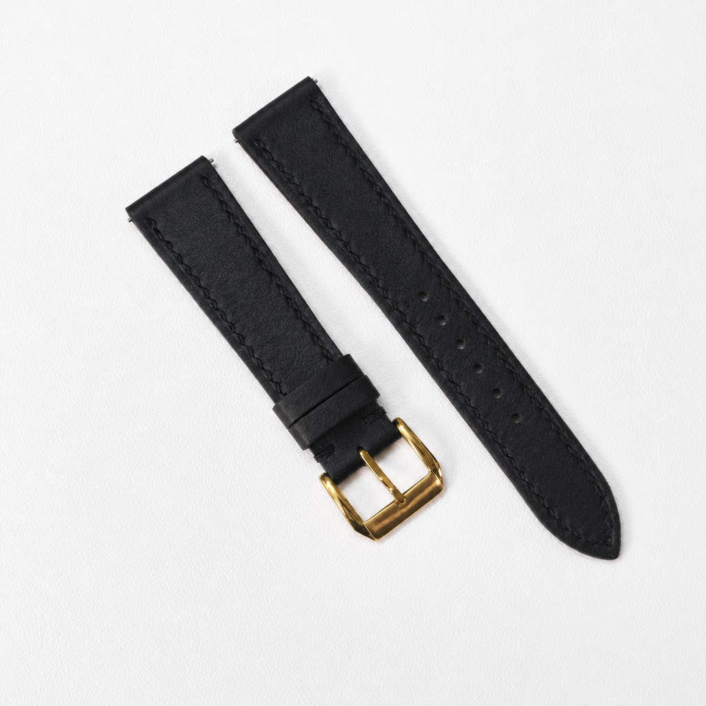 Flat Black Swift Leather Watch Strap - Black Stitch