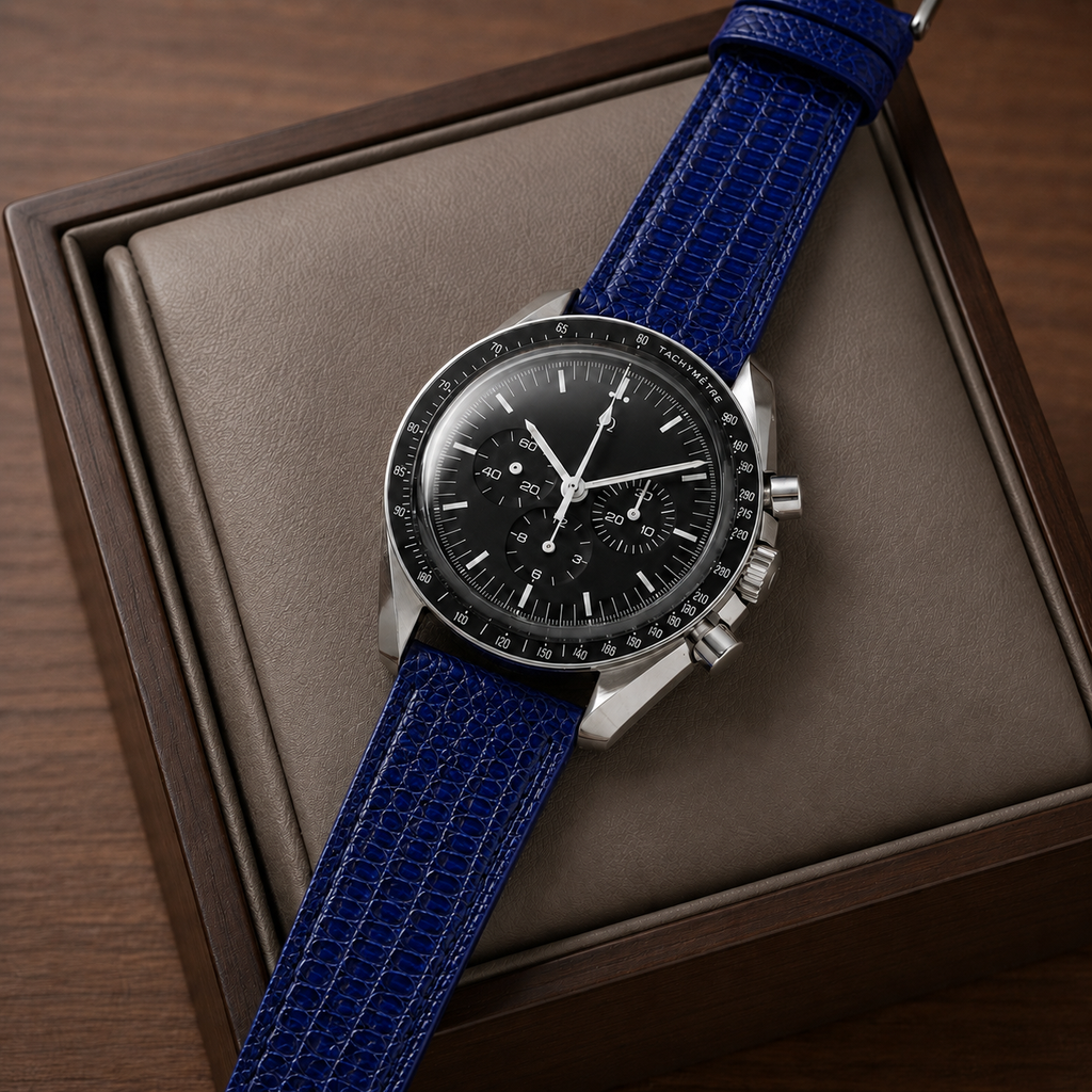 Flat Navy Lizard Leather Watch Strap