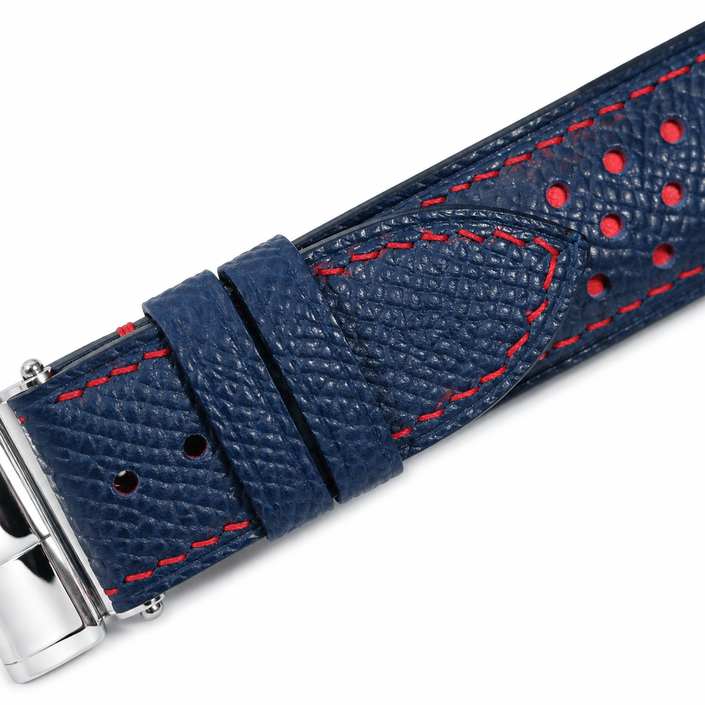 Flat Dark Navy Red Racing Holes Rally Epsom Leather Watch Strap