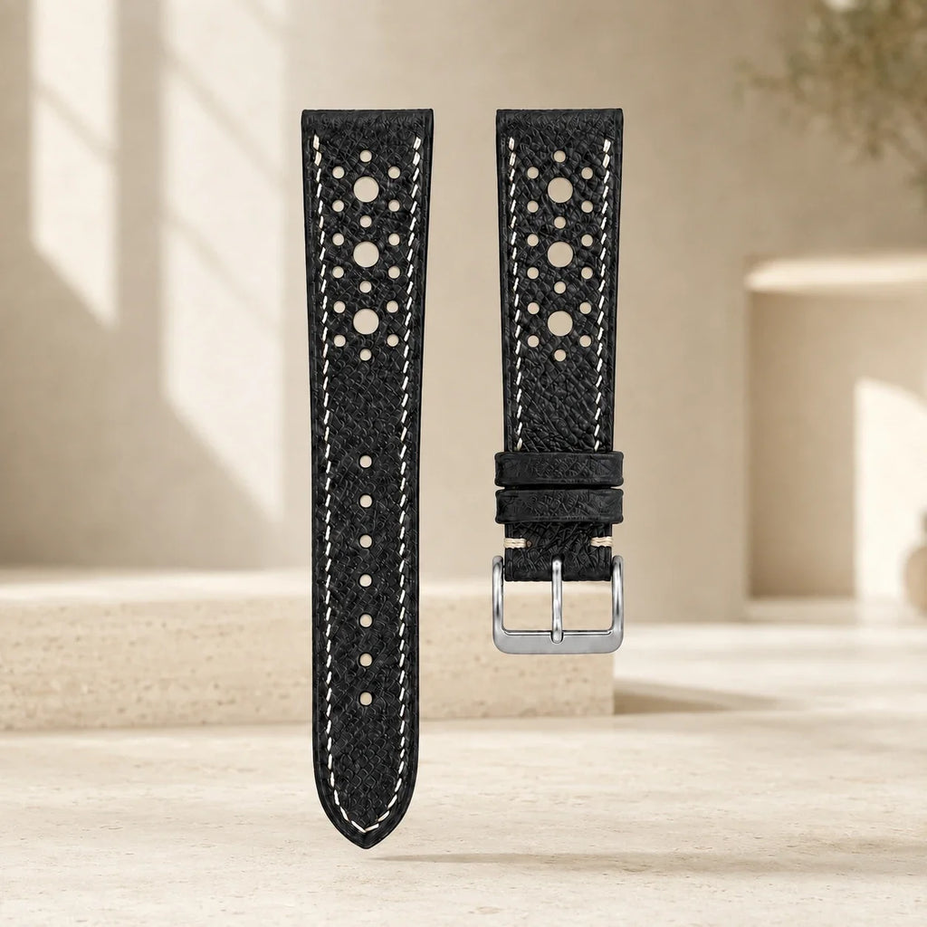 Flat Rally Large Holes Black Epsom Leather Watch Strap