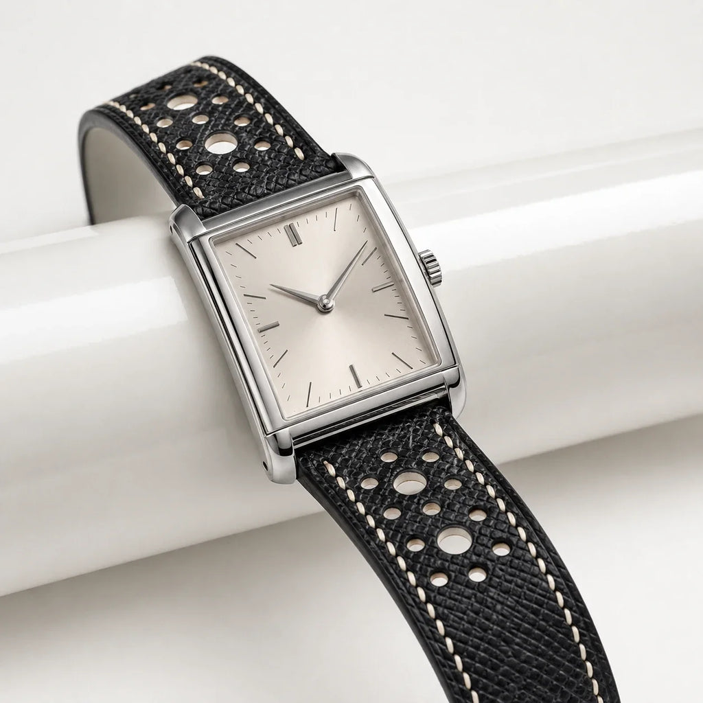 Flat Rally Large Holes Black Epsom Leather Watch Strap