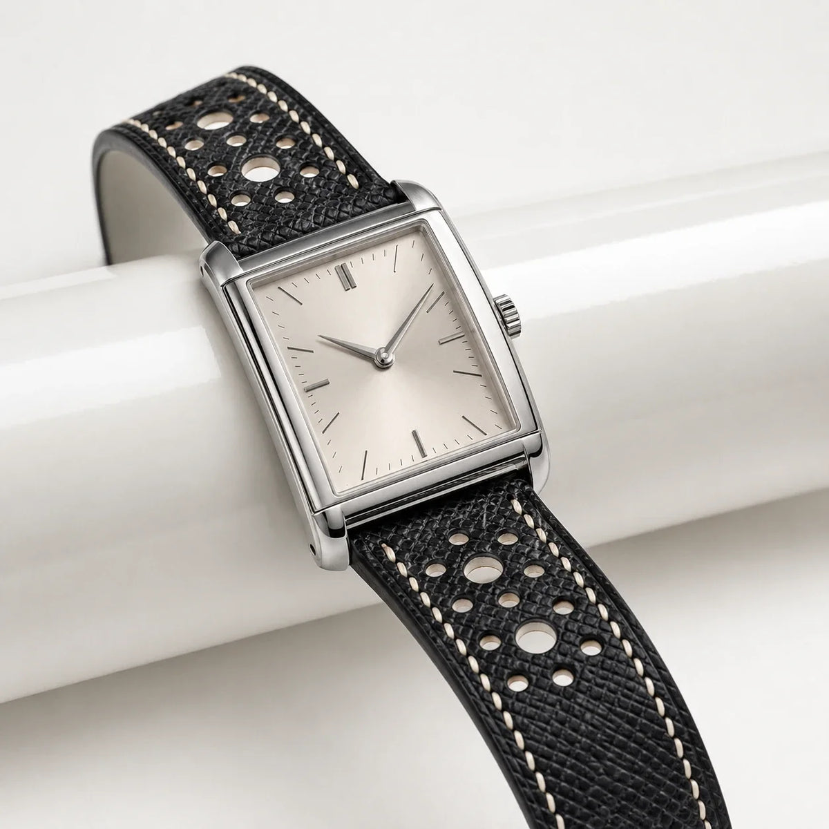 Flat Rally Large Holes Black Epsom Leather Watch Strap