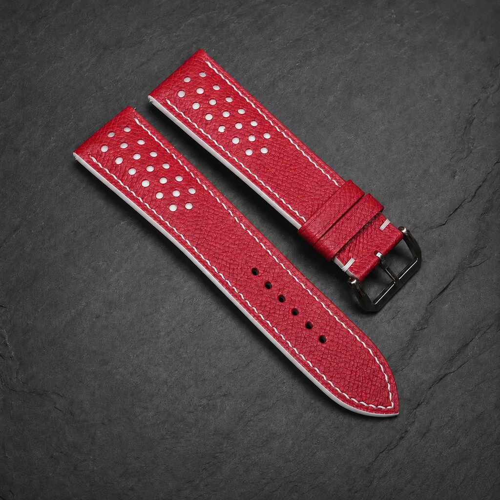 Red and White Racing Small Holes Rally Epsom Leather Watch Strap