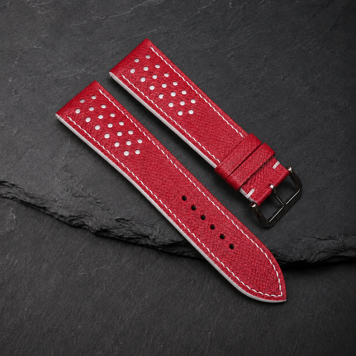 Red and White Racing Small Holes Rally Epsom Leather Watch Strap