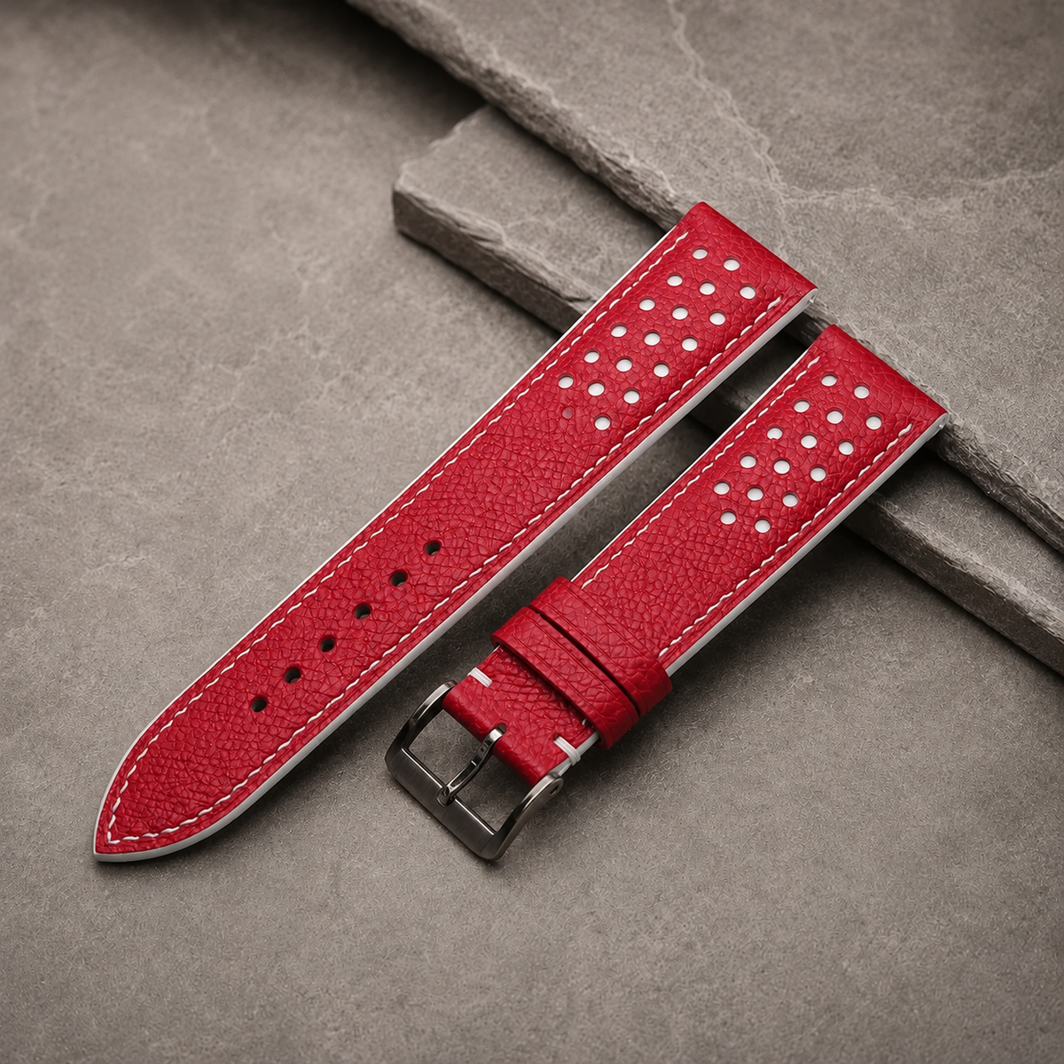 Red and White Racing Small Holes Rally Epsom Leather Watch Strap