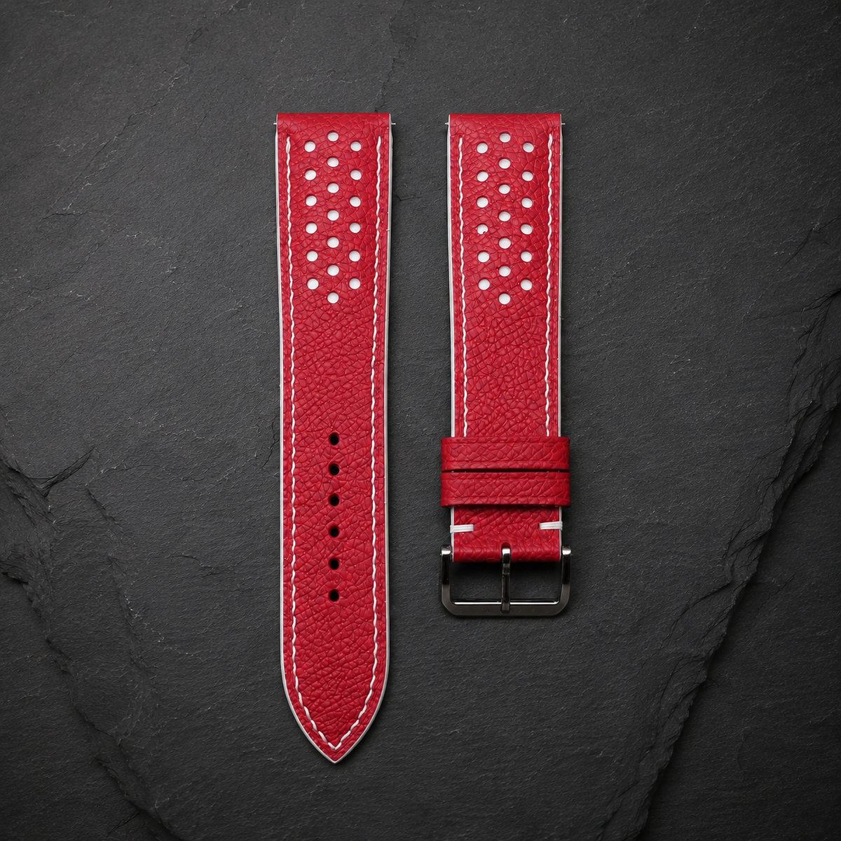 Red and White Racing Small Holes Rally Epsom Leather Watch Strap