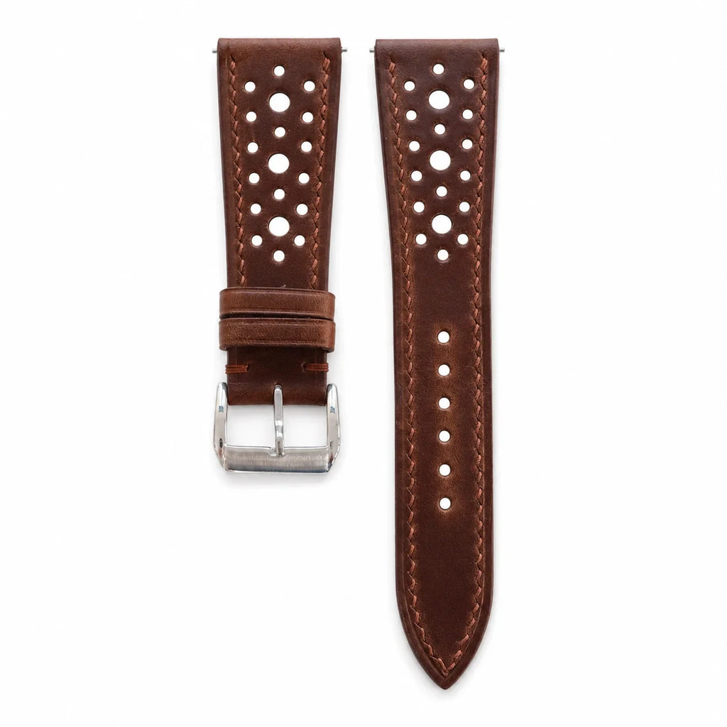 Flat Vintage Tobacco Brown Rally Waxed Leather Watch Strap