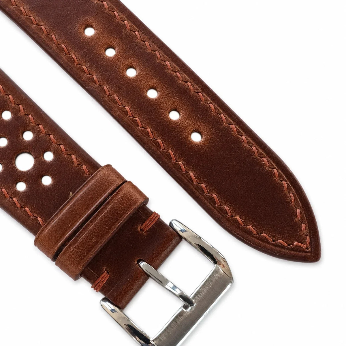 Flat Vintage Tobacco Brown Rally Waxed Leather Watch Strap