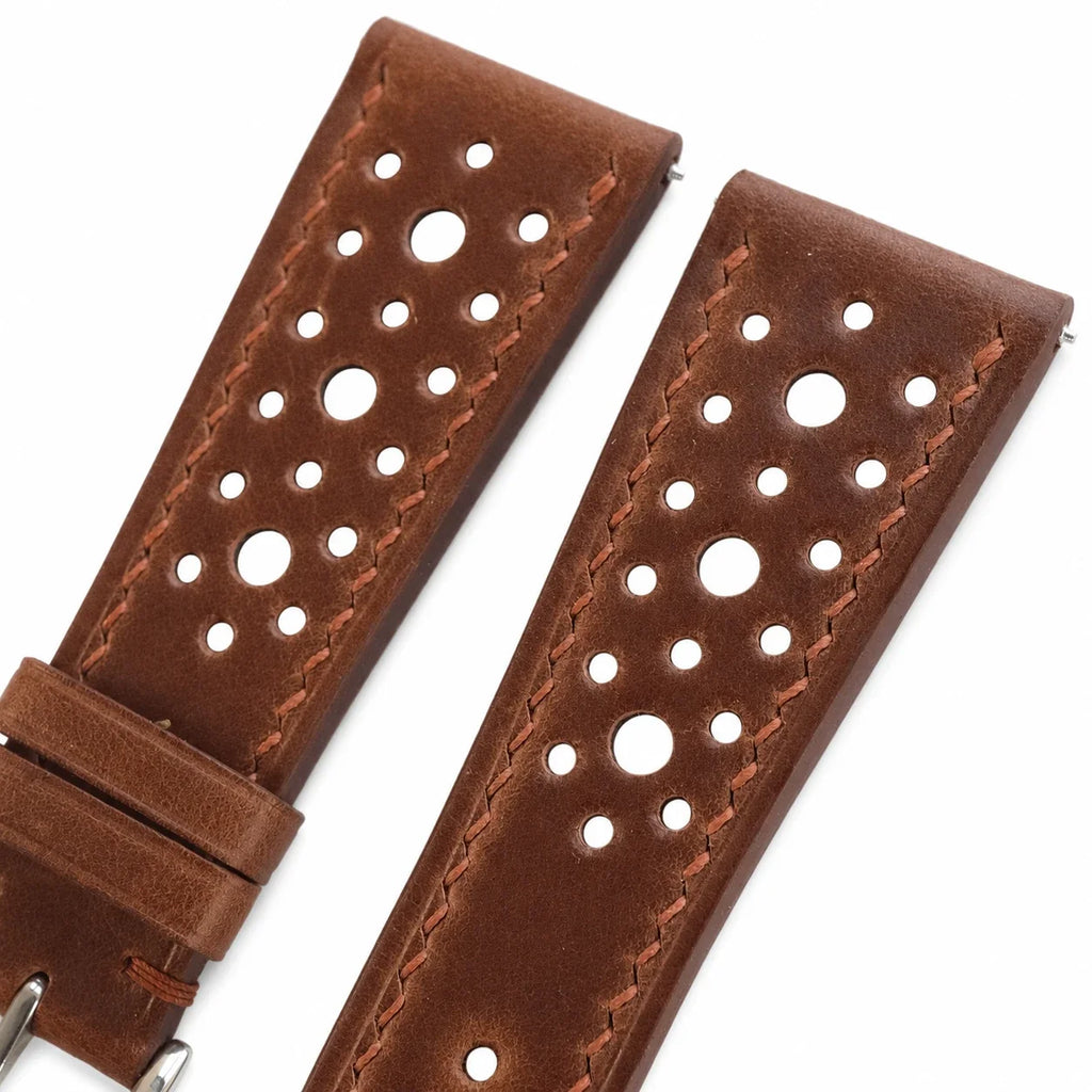Flat Vintage Tobacco Brown Rally Waxed Leather Watch Strap