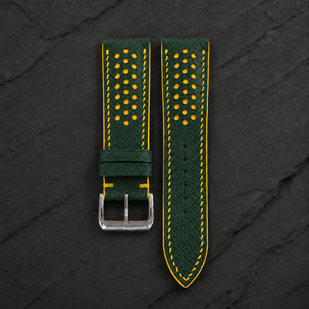 Forest Hunter Green and Yellow Racing Small Holes Rally Epsom Leather Watch Strap