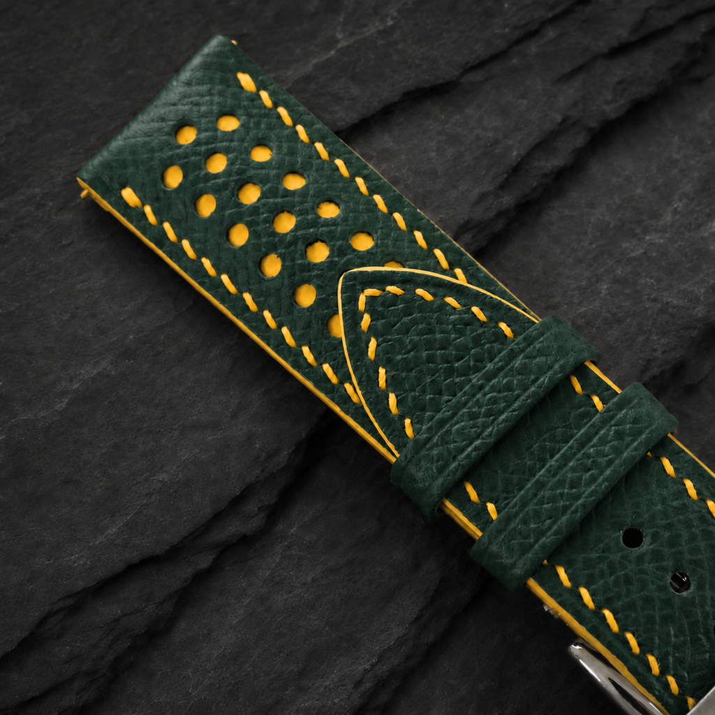 Forest Hunter Green and Yellow Racing Small Holes Rally Epsom Leather Watch Strap
