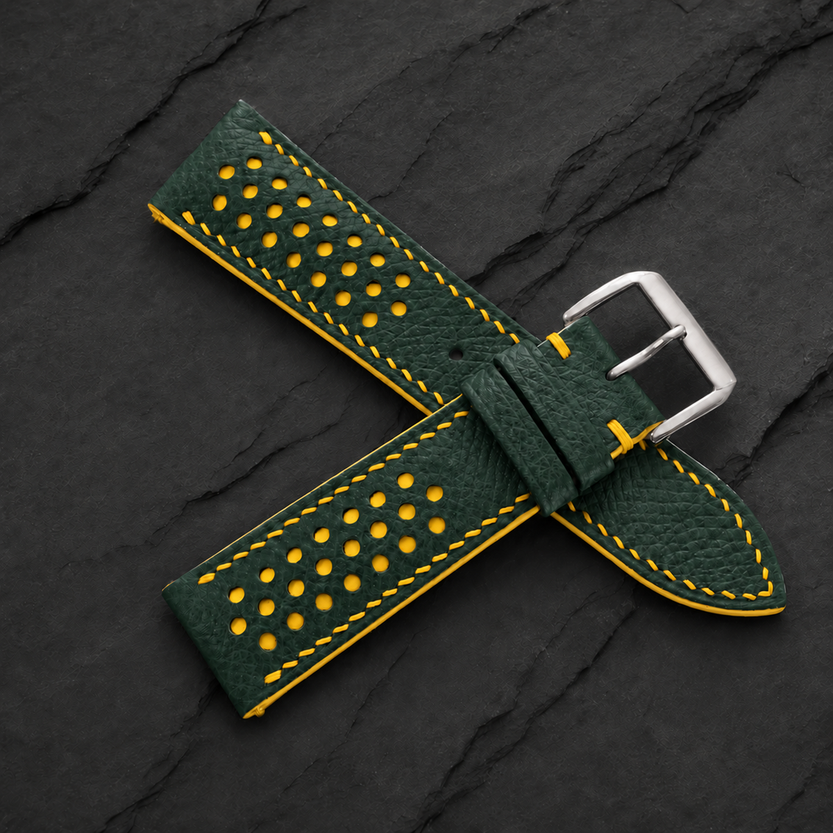 Forest Hunter Green and Yellow Racing Small Holes Rally Epsom Leather Watch Strap