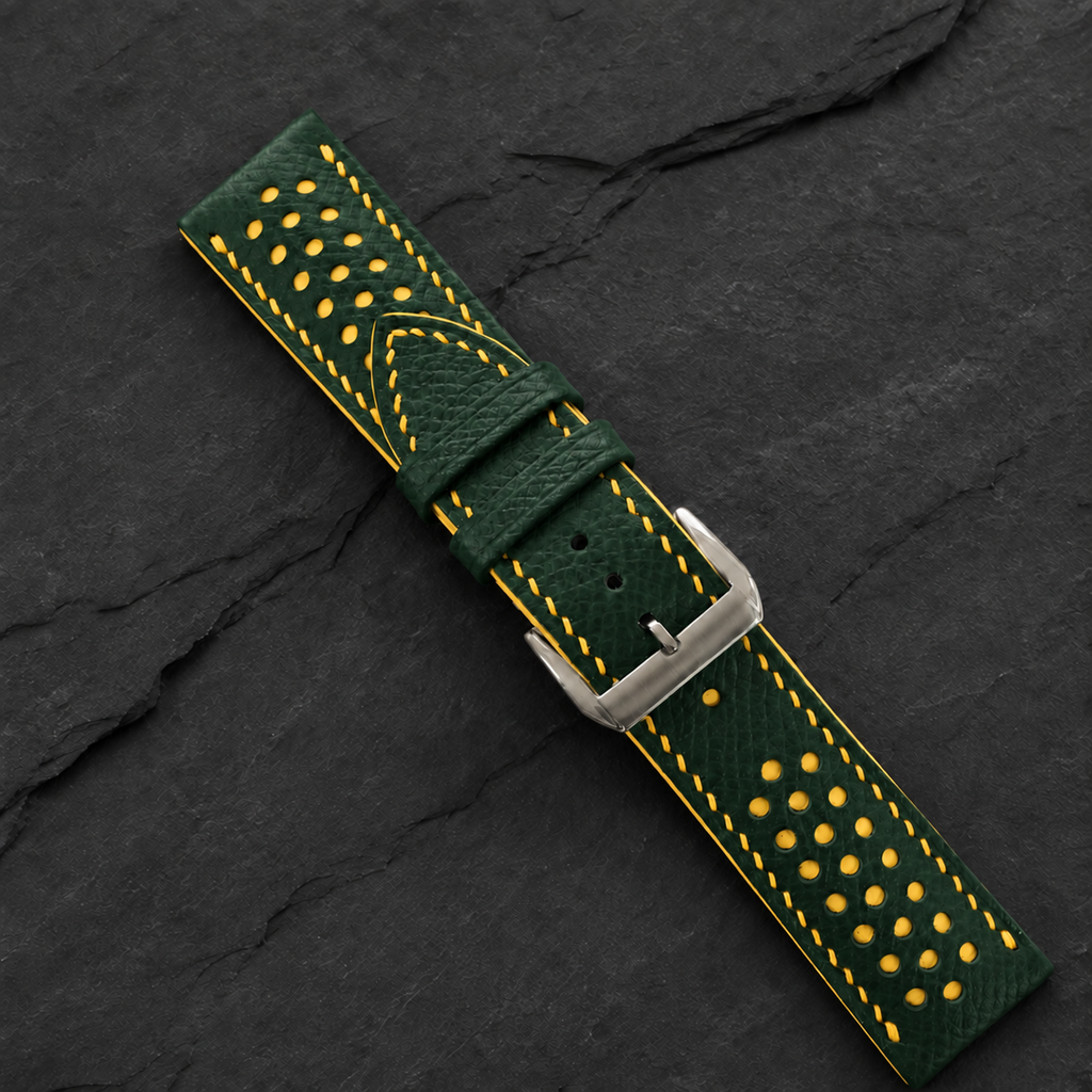 Forest Hunter Green and Yellow Racing Small Holes Rally Epsom Leather Watch Strap