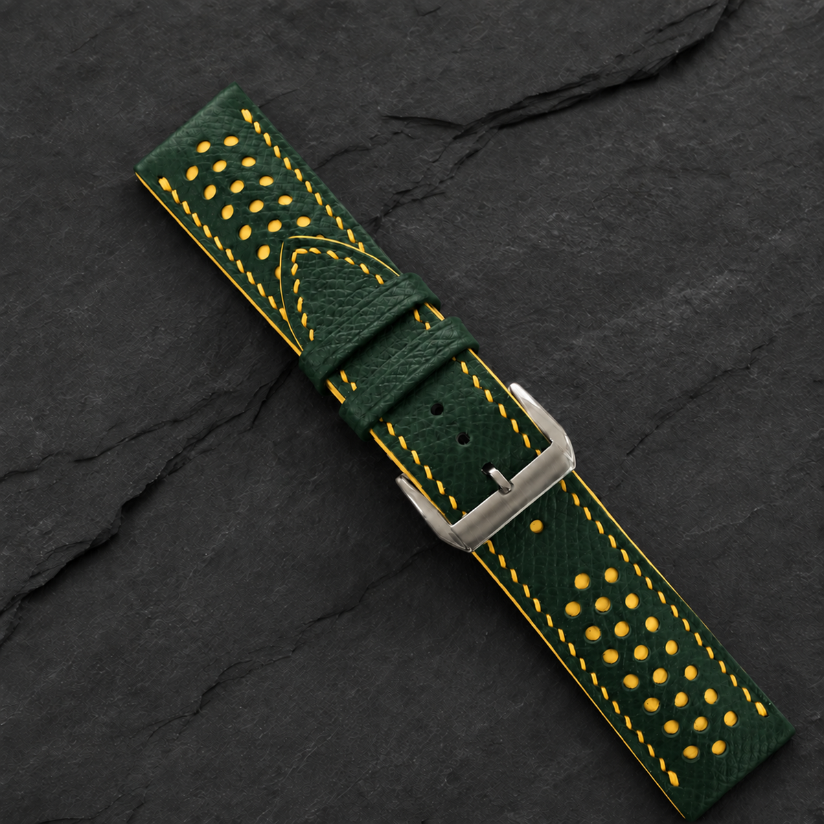 Forest Hunter Green and Yellow Racing Small Holes Rally Epsom Leather Watch Strap