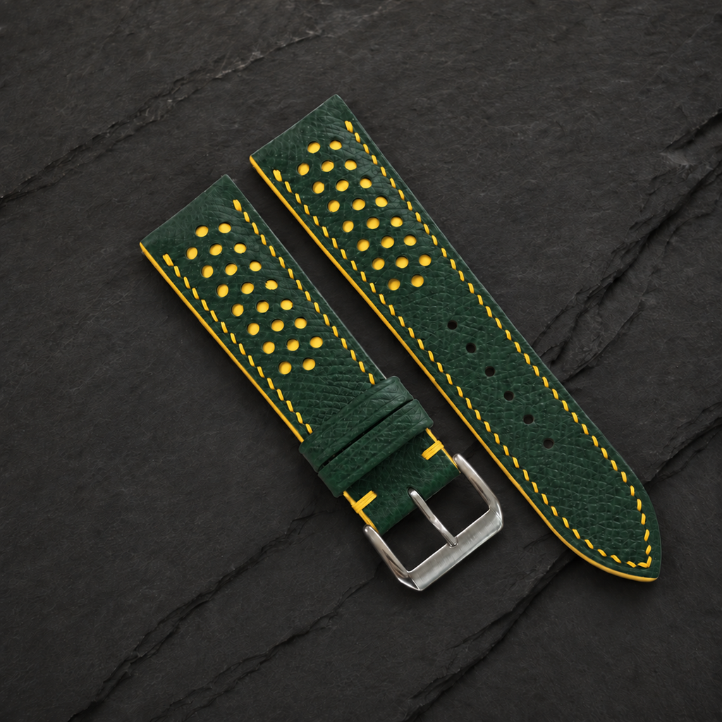 Forest Hunter Green and Yellow Racing Small Holes Rally Epsom Leather Watch Strap