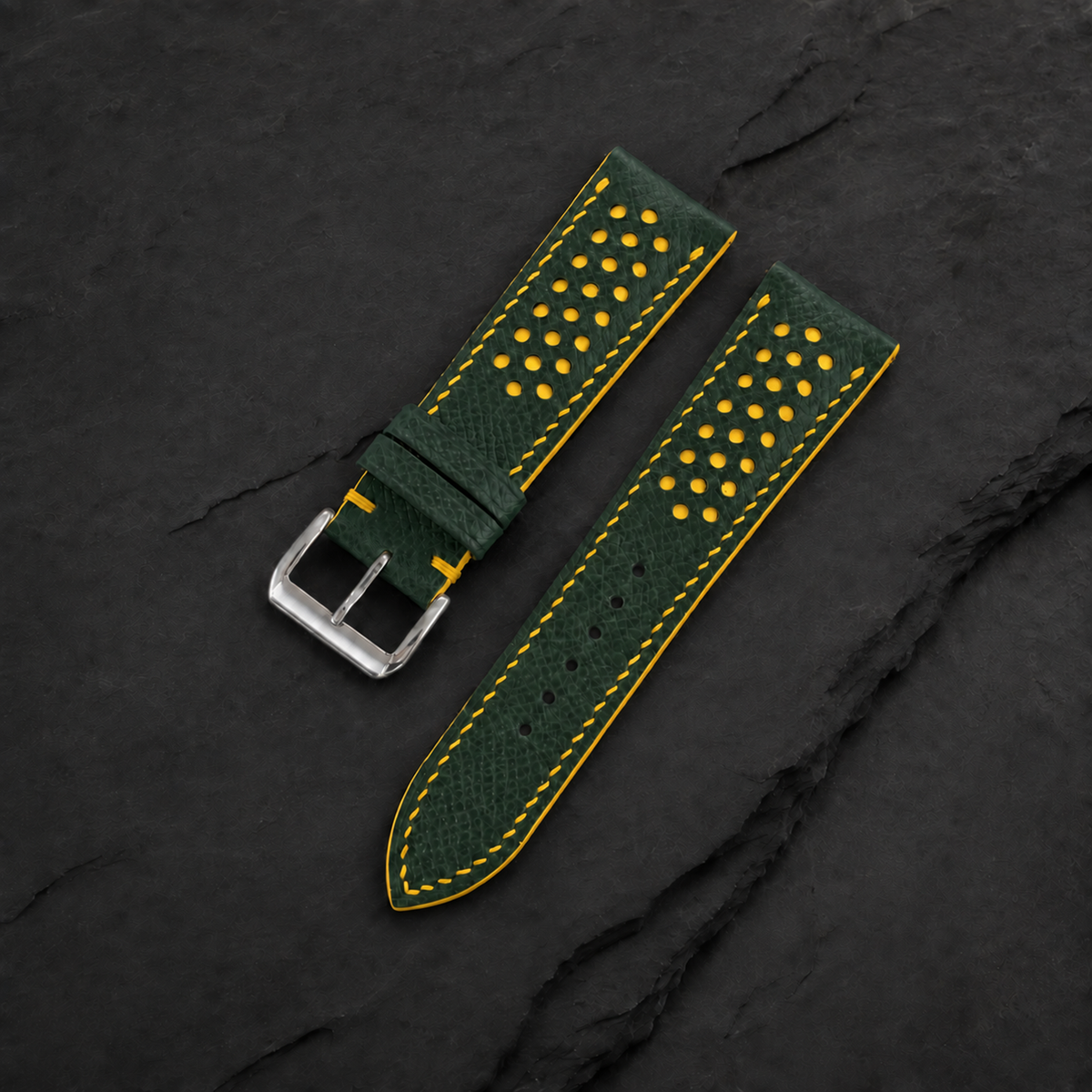 Forest Hunter Green and Yellow Racing Small Holes Rally Epsom Leather Watch Strap