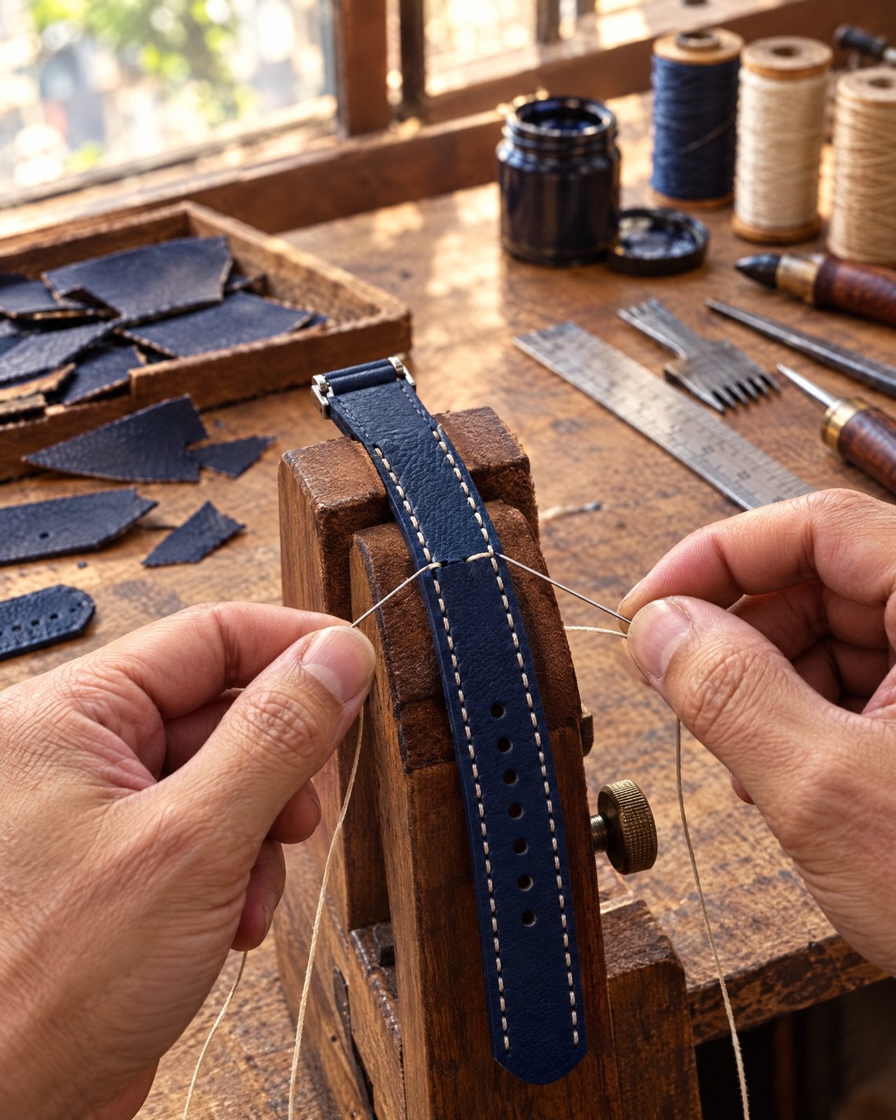 Hand-stitching a strap in our Saigon atelier