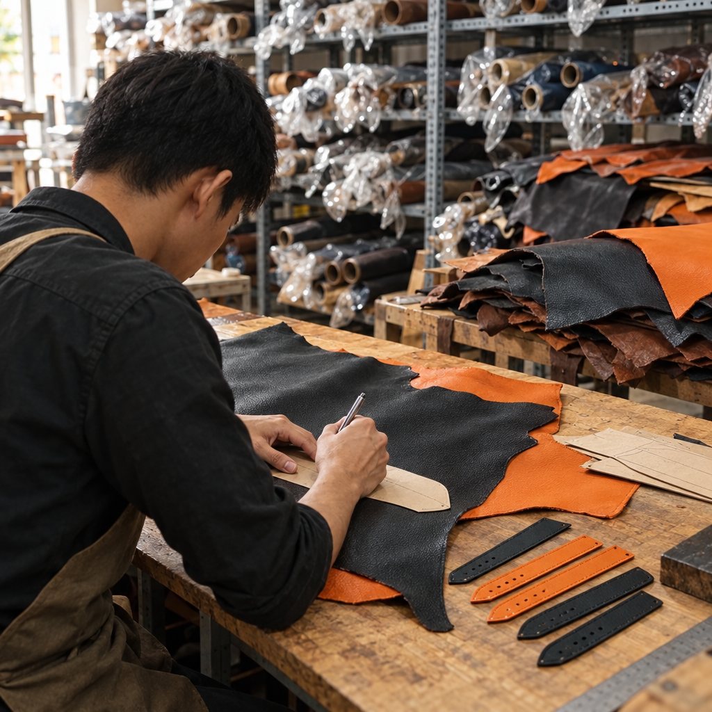 Selecting and cutting the leather in our Saigon workshop