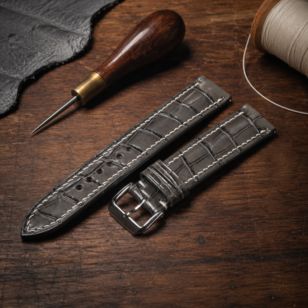 Padded Gray Alligator Leather Watch Strap