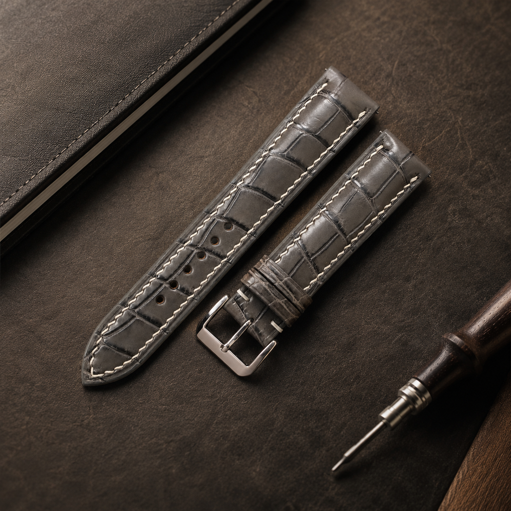 Padded Gray Alligator Leather Watch Strap